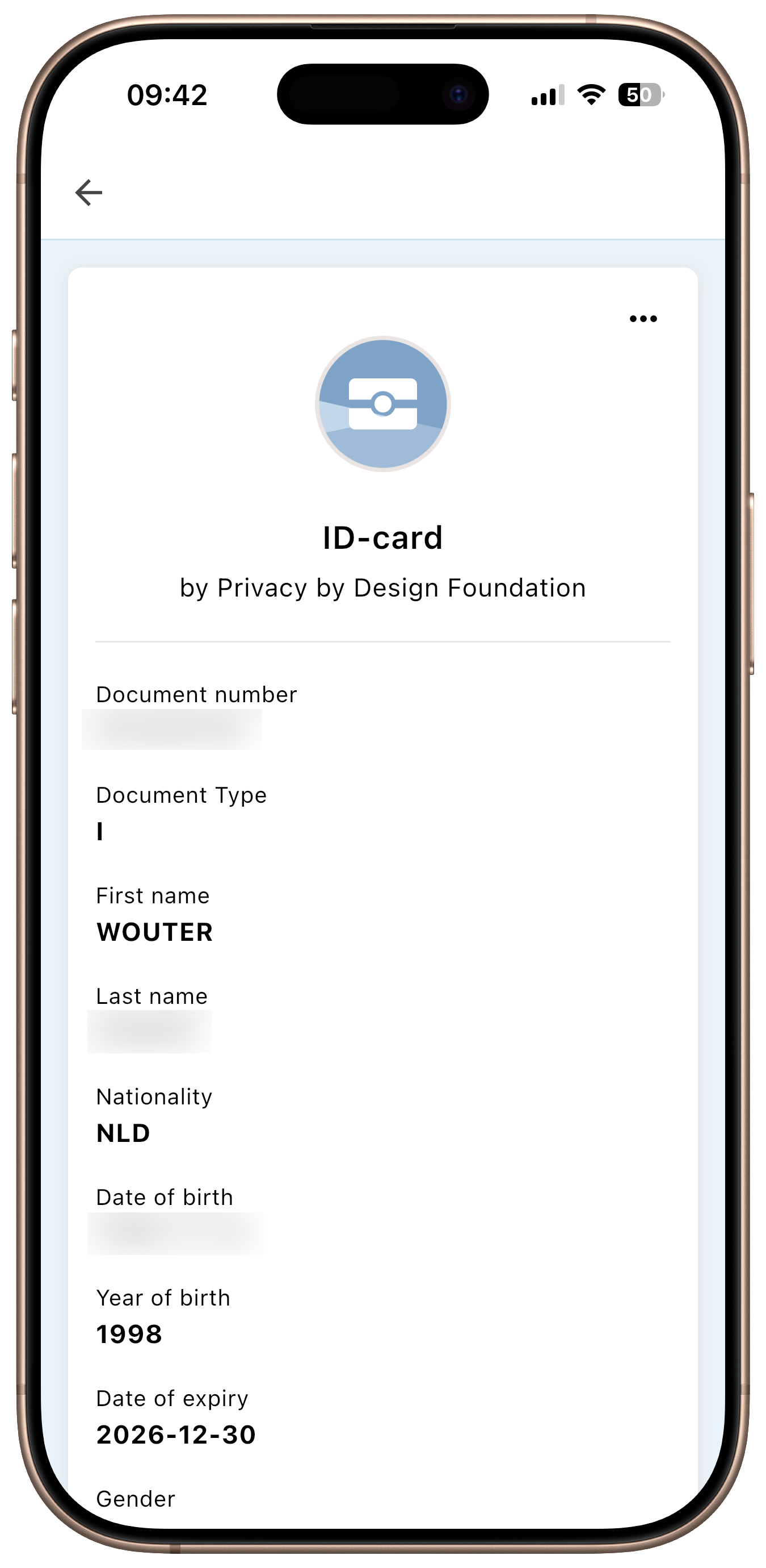 Yivi app - ID card credential (top)