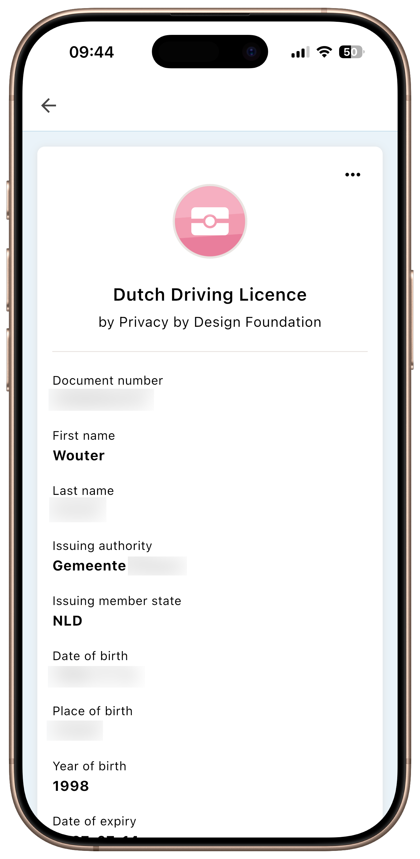 Yivi app - Driver's license credential (top)
