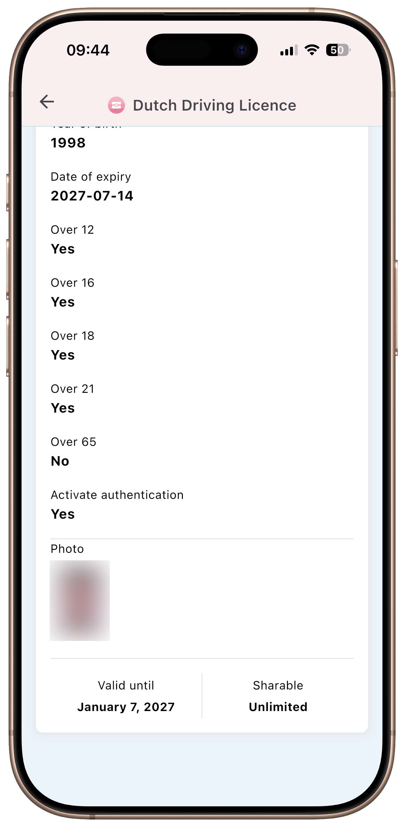 Yivi app - Driver's license credential (bottom)