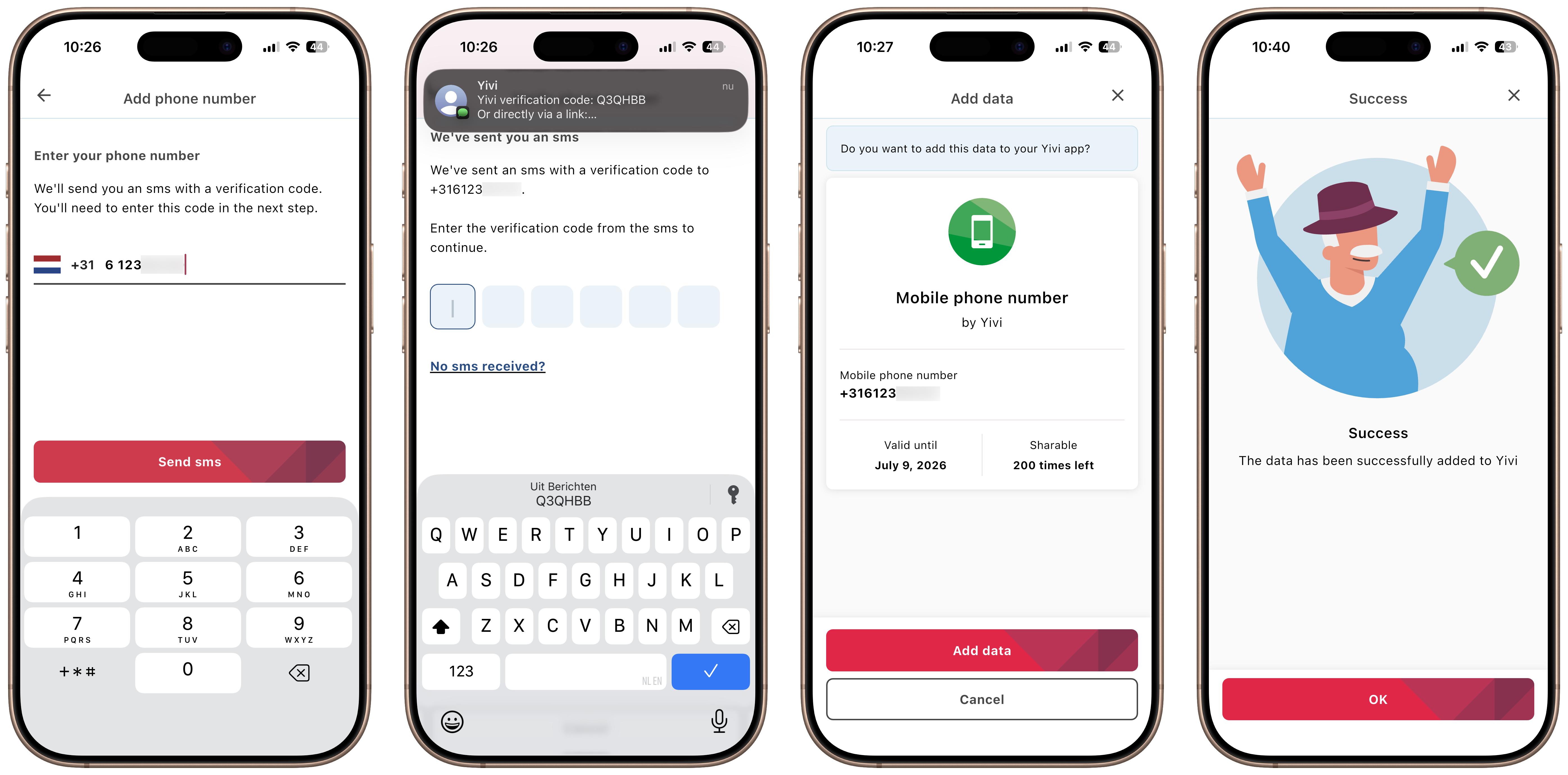 Yivi app UX flow for issuing phone number